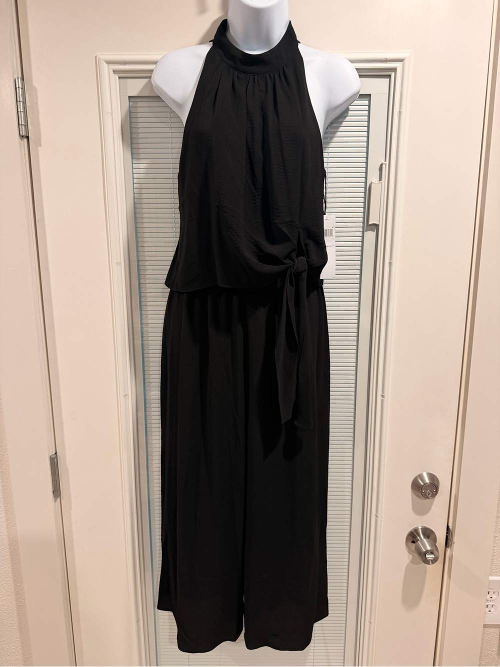 London Times Black One-Shoulder Halter Jumpsuit